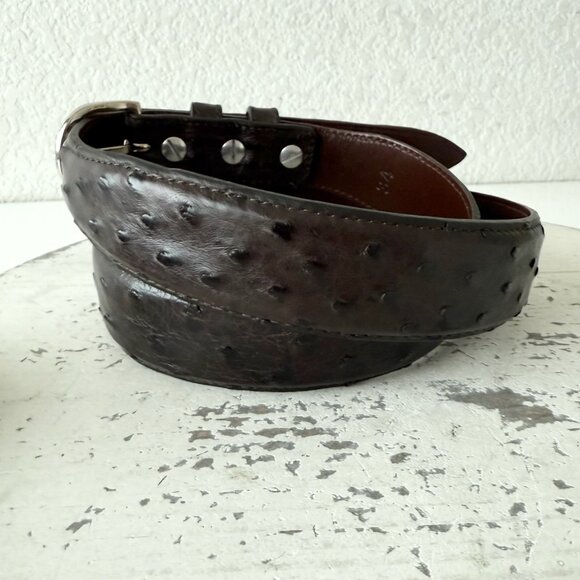 Rod Patrick Mens Full Quill Ostrich Leather Belt Dark Brown 1.25” Tapered Sz 30 - Picture 2 of 12